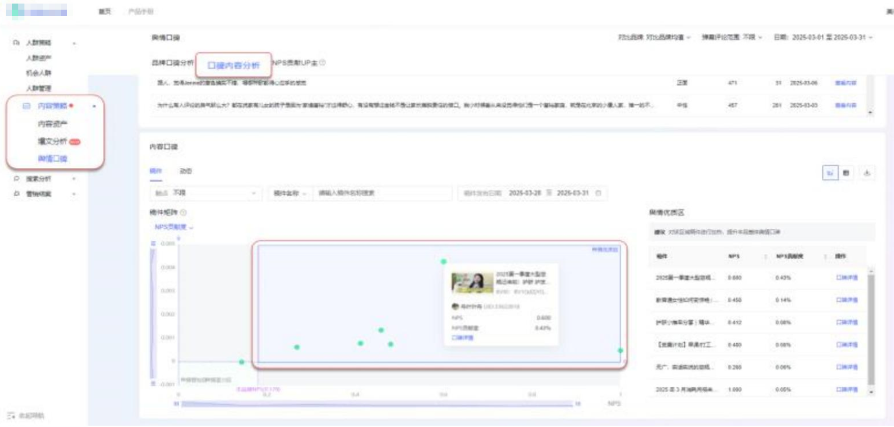 舆情优质区，查看UP主稿件的NPS值\NPS贡献度，选优质稿件UP主