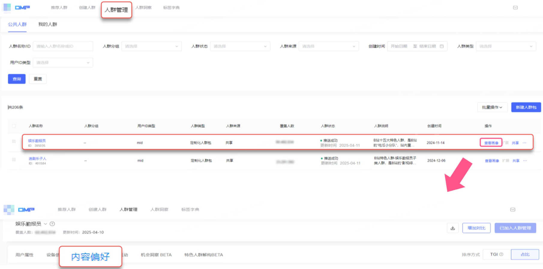 DMP→人群管理→选择目标人群包→查看画像→内容偏好