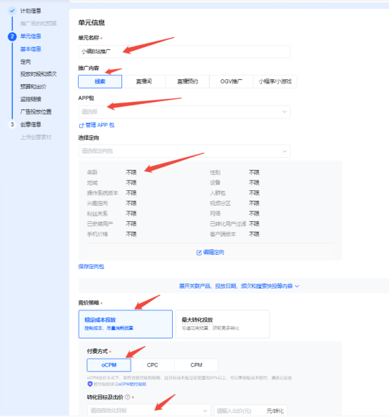 第四步进入到B站推广的单元信息 第四步进入到B站推广的单元信息